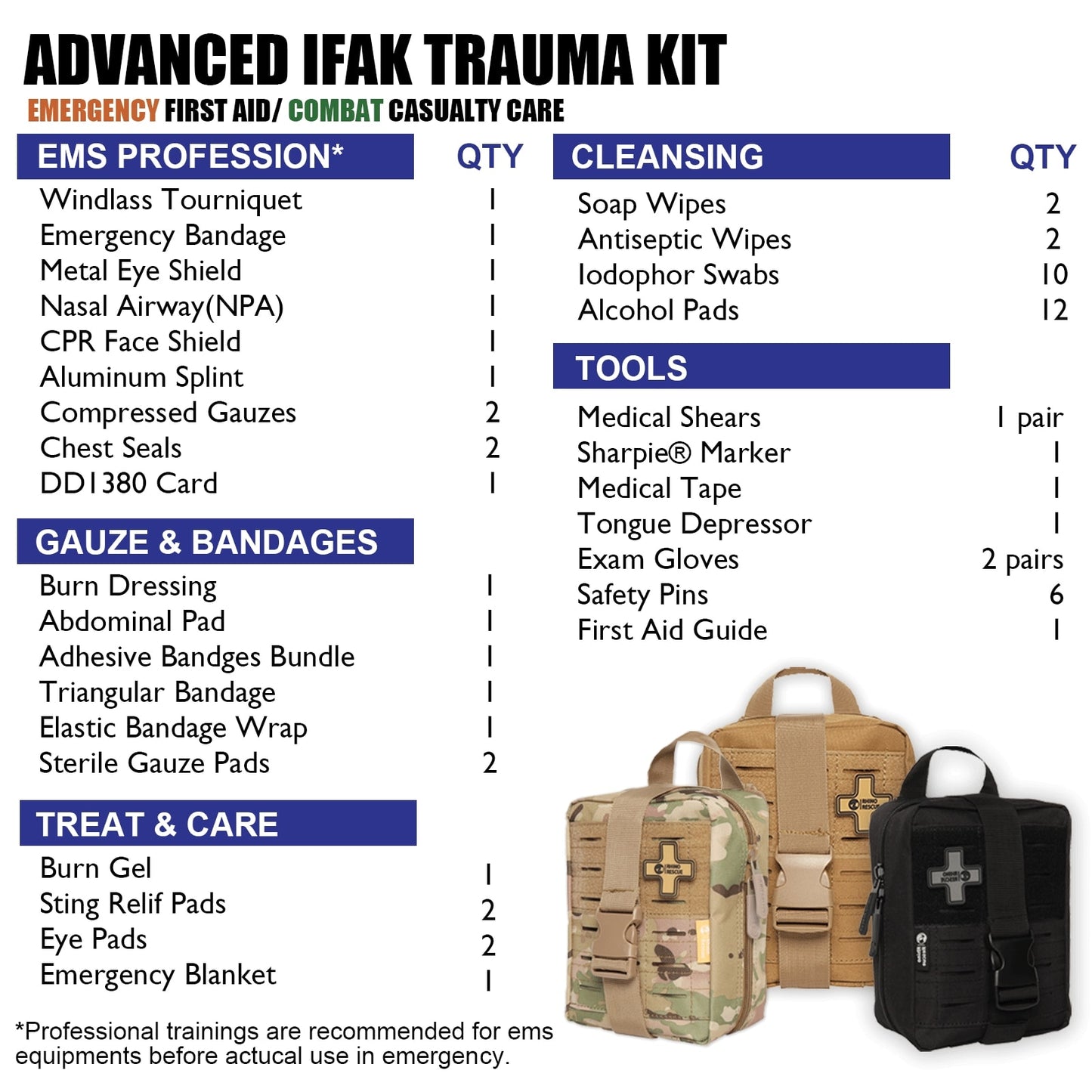 RHINO IFAK Trauma Kit First Aid Medical Pouch Emergency  Survival Gear and Equipment with Molle Car Travel Hiking